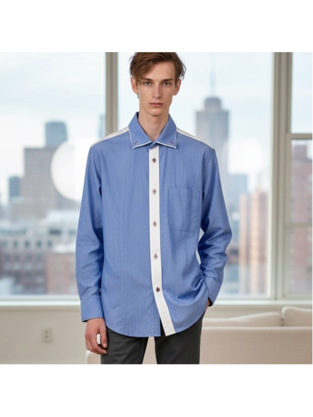 Stage of Playlord Blue and White Button Up Double Collar Shirt Size S